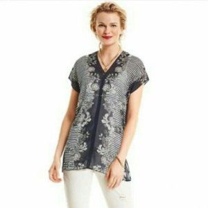 Like new!! CAbi Yacht Tunic Top Blouse M Blue White Striped Floral Sheer